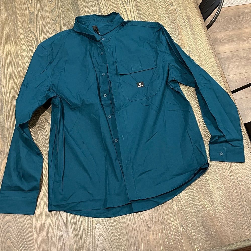 NWOT Converse Woven Long Sleeve Button Down 2 Shirt Collared Cotton Green Large